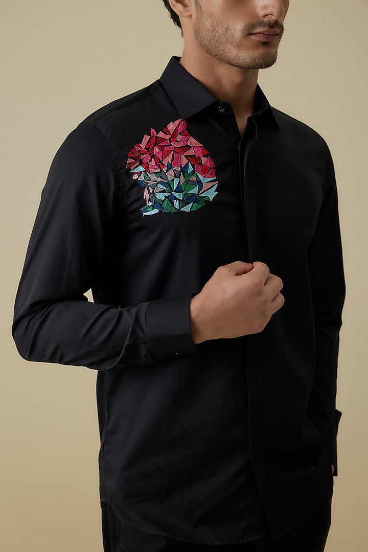 Black Luxury Satin Motif Embroidered Party Wear Shirt by AANURAG DALMIA at Pernia's Pop Up Shop