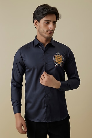 Midnight Blue Luxury Satin Turtle Motif Embroidered Shirt by AANURAG DALMIA