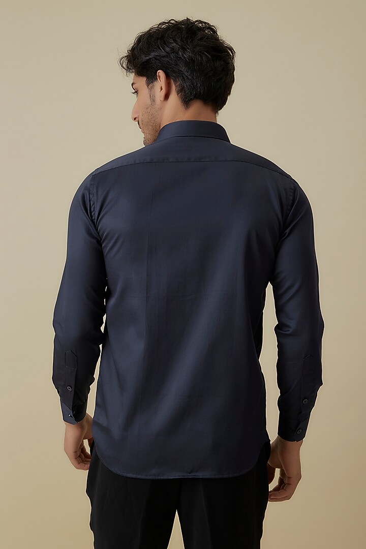 Midnight Blue Luxury Satin Turtle Motif Embroidered Party Wear Shirt by AANURAG DALMIA at Pernia's Pop Up Shop