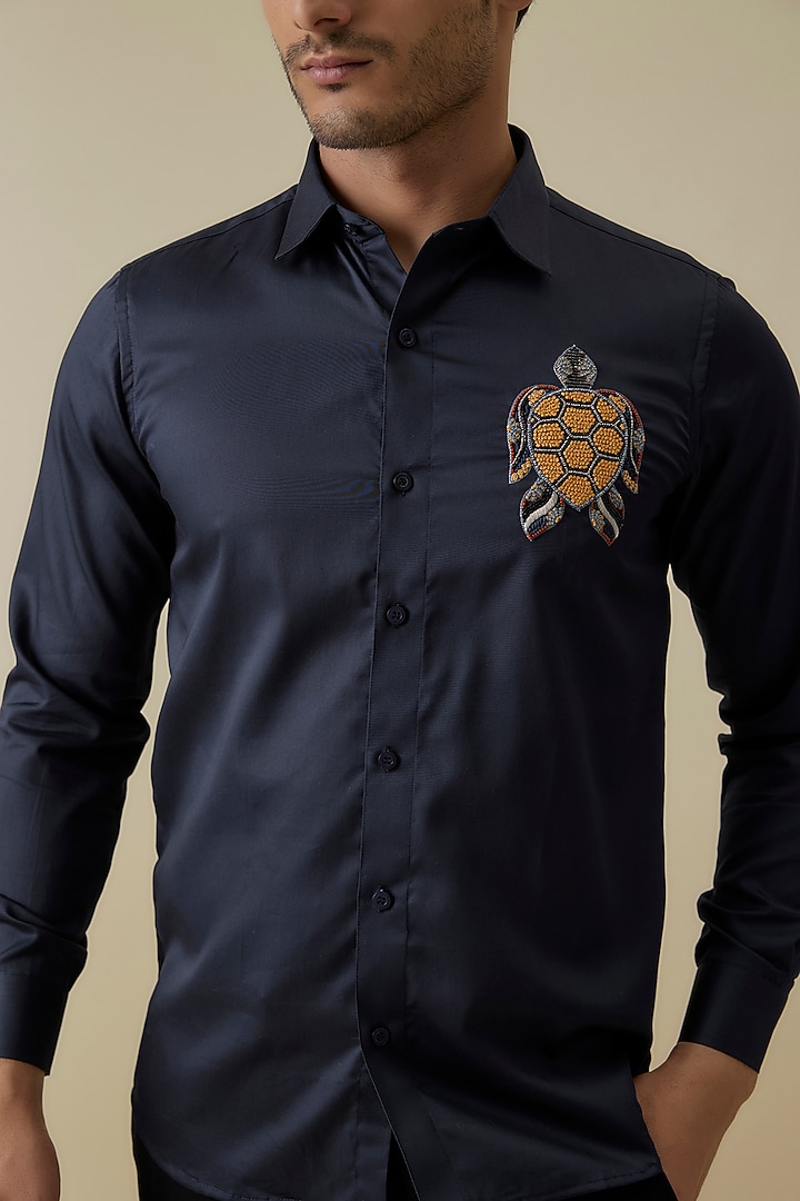 Midnight Blue Luxury Satin Turtle Motif Embroidered Party Wear Shirt by AANURAG DALMIA at Pernia's Pop Up Shop