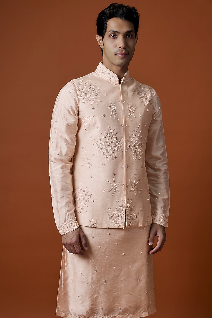 Peach Bangalori Silk Hand Embellished Bundi Jacket Set by AANURAG DALMIA at Pernia's Pop Up Shop