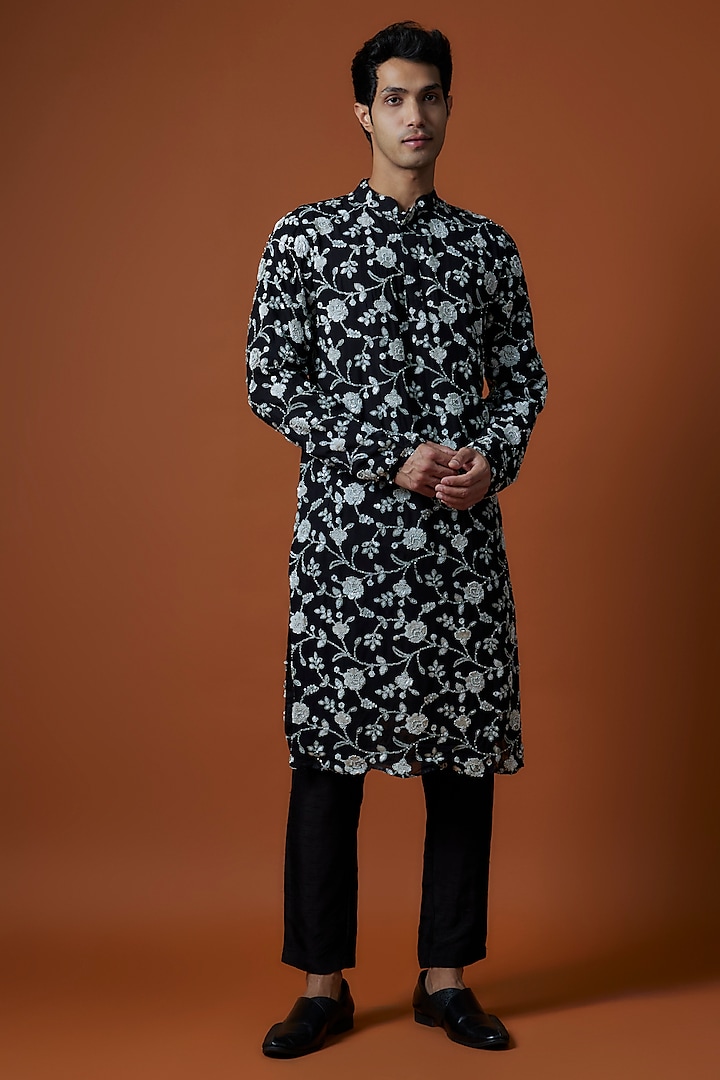 Black Georgette Hand Embellished Kurta Set by AANURAG DALMIA at Pernia's Pop Up Shop