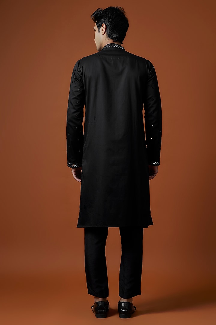 Black Satin Artwork & Hand Embellished Kurta Set by AANURAG DALMIA at Pernia's Pop Up Shop