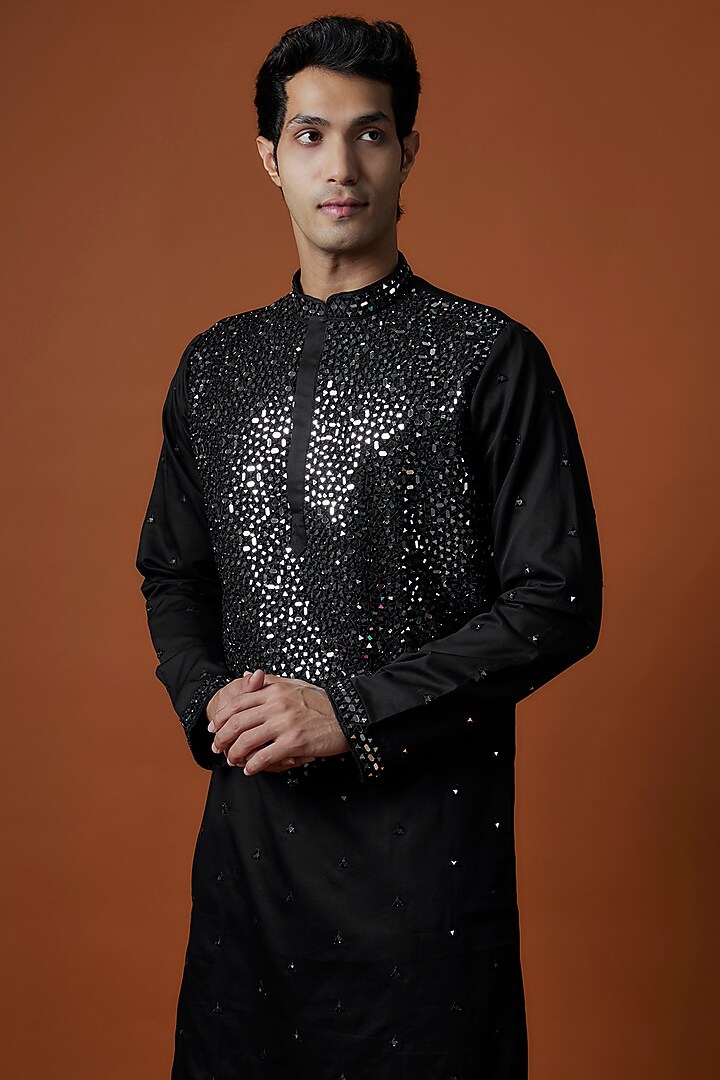 Black Satin Artwork & Hand Embellished Kurta Set by AANURAG DALMIA at Pernia's Pop Up Shop