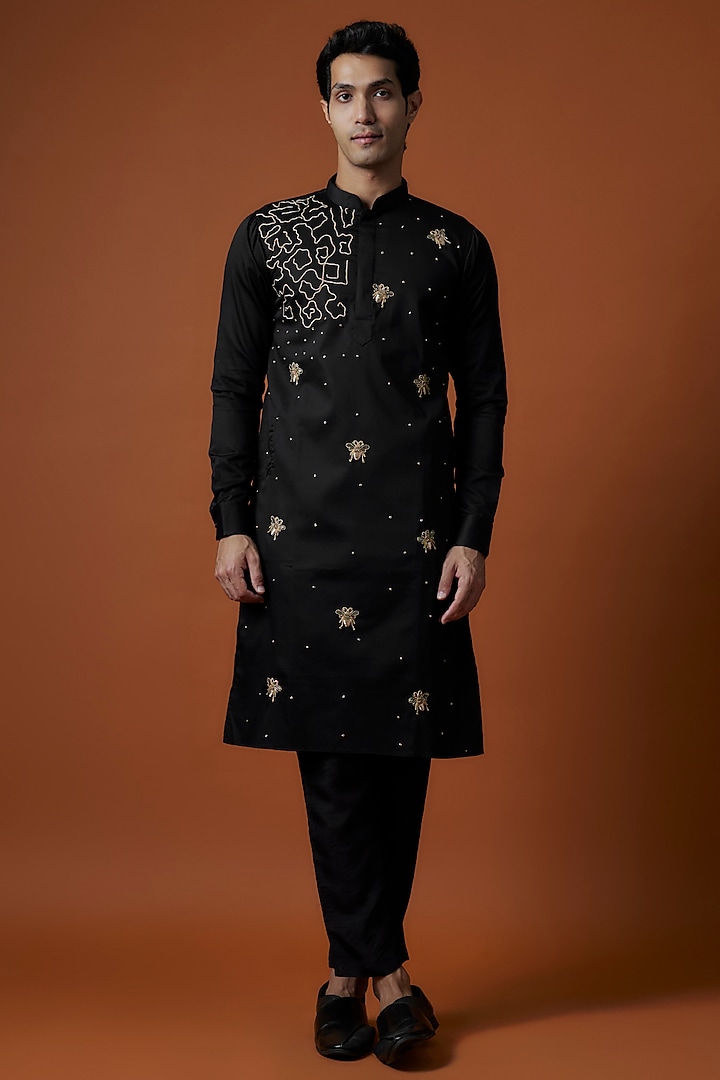 Black Satin Artwork & Hand Embellished Kurta Set by AANURAG DALMIA at Pernia's Pop Up Shop