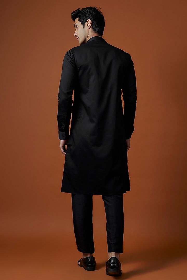 Black Satin Artwork & Hand Embellished Kurta Set by AANURAG DALMIA at Pernia's Pop Up Shop