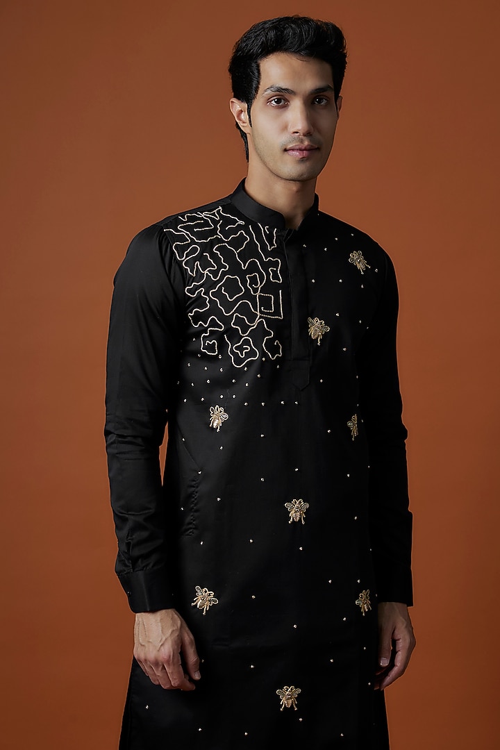 Black Satin Artwork & Hand Embellished Kurta Set by AANURAG DALMIA at Pernia's Pop Up Shop