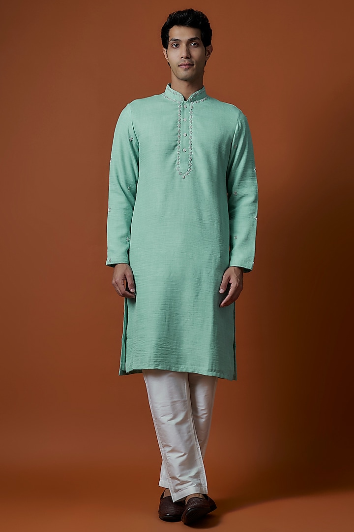 Green Pima Cotton Artwork & Hand Embellished Kurta Set by AANURAG DALMIA at Pernia's Pop Up Shop