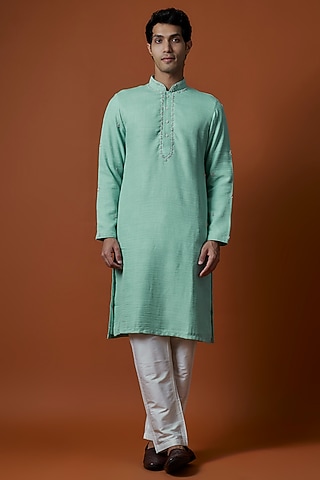 Green Pima Cotton Artwork & Hand Embellished Kurta Set by AANURAG DALMIA