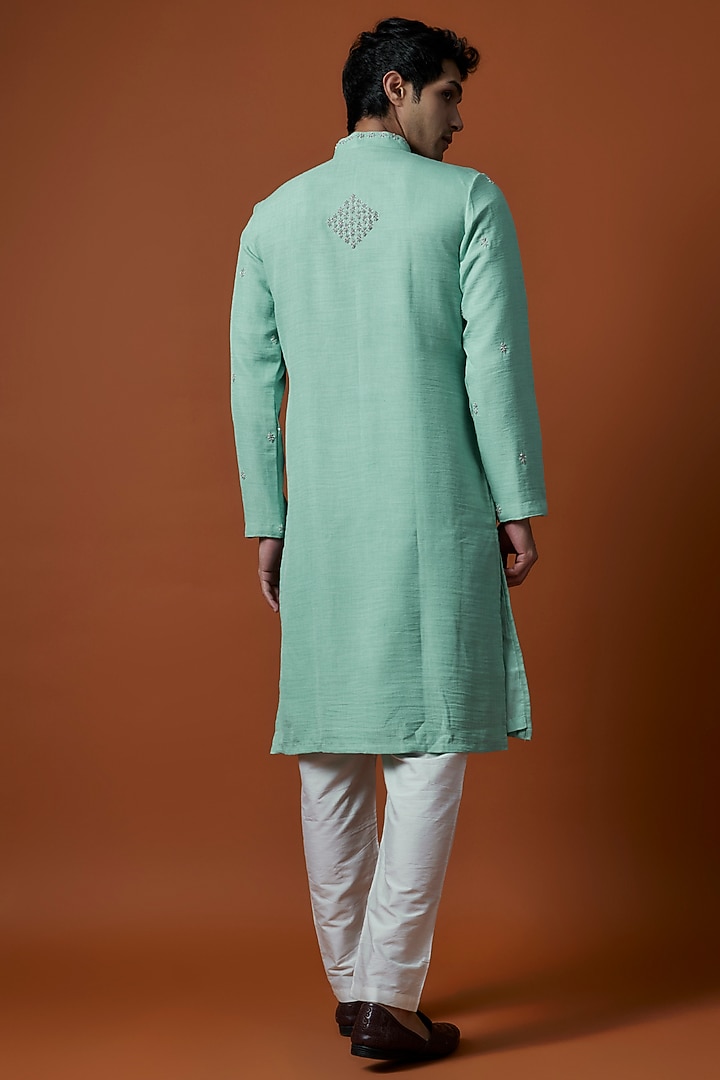 Green Pima Cotton Artwork & Hand Embellished Kurta Set by AANURAG DALMIA at Pernia's Pop Up Shop