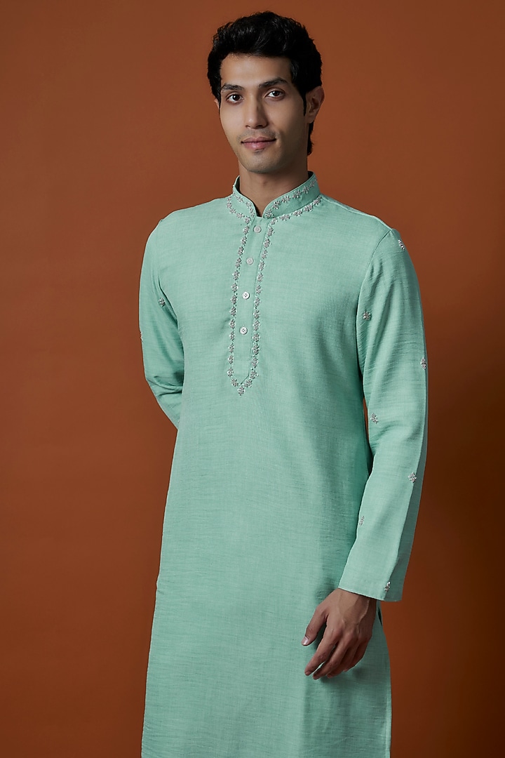 Green Pima Cotton Artwork & Hand Embellished Kurta Set by AANURAG DALMIA at Pernia's Pop Up Shop
