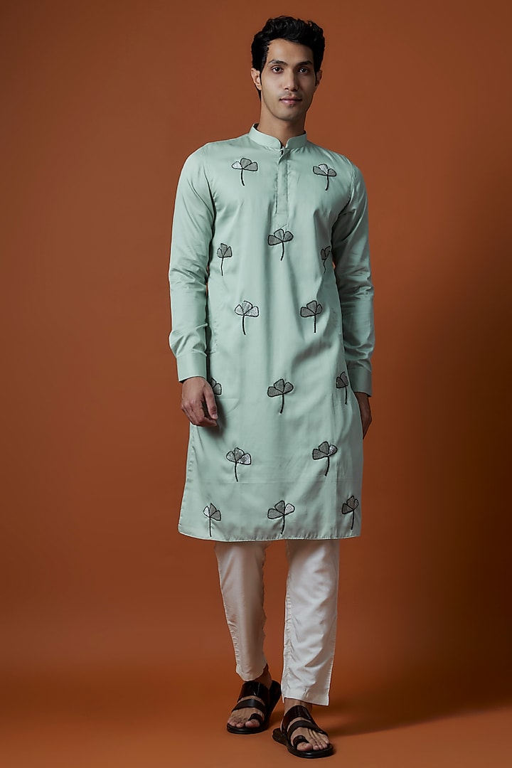 Green Satin Artwork & Hand Embellished Kurta Set by AANURAG DALMIA at Pernia's Pop Up Shop