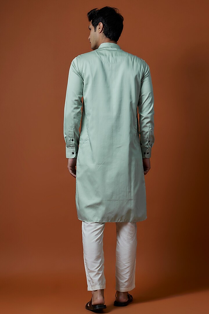 Green Satin Artwork & Hand Embellished Kurta Set by AANURAG DALMIA at Pernia's Pop Up Shop