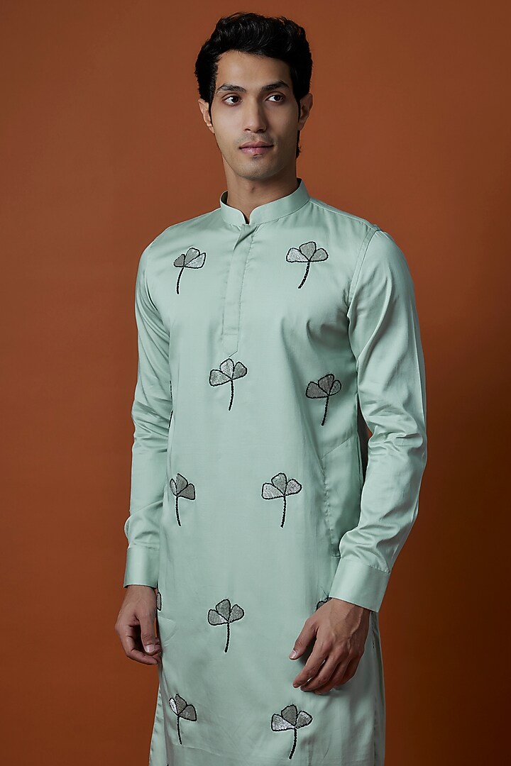Green Satin Artwork & Hand Embellished Kurta Set by AANURAG DALMIA at Pernia's Pop Up Shop