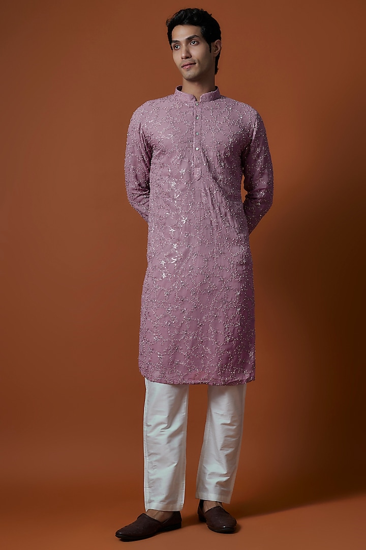 Purple Georgette Artwork & Hand Embellished Kurta Set by AANURAG DALMIA at Pernia's Pop Up Shop