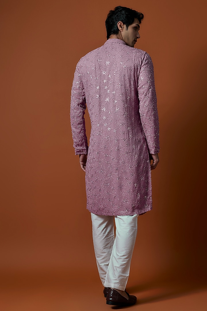 Purple Georgette Artwork & Hand Embellished Kurta Set by AANURAG DALMIA at Pernia's Pop Up Shop