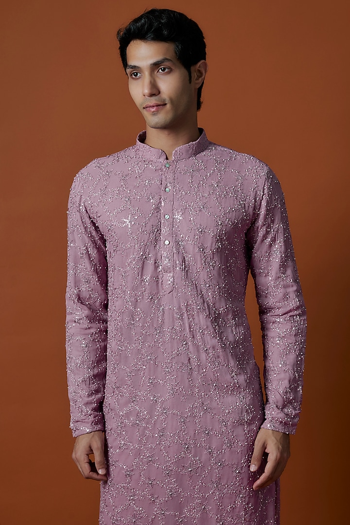 Purple Georgette Artwork & Hand Embellished Kurta Set by AANURAG DALMIA at Pernia's Pop Up Shop