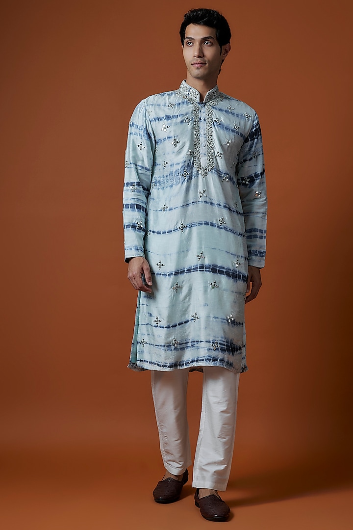 Blue Raw Silk Artwork & Hand Embellished Kurta Set by AANURAG DALMIA at Pernia's Pop Up Shop