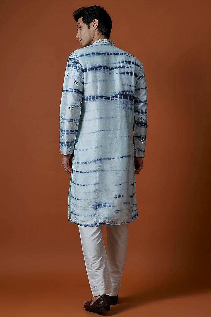 Blue Raw Silk Artwork & Hand Embellished Kurta Set by AANURAG DALMIA at Pernia's Pop Up Shop