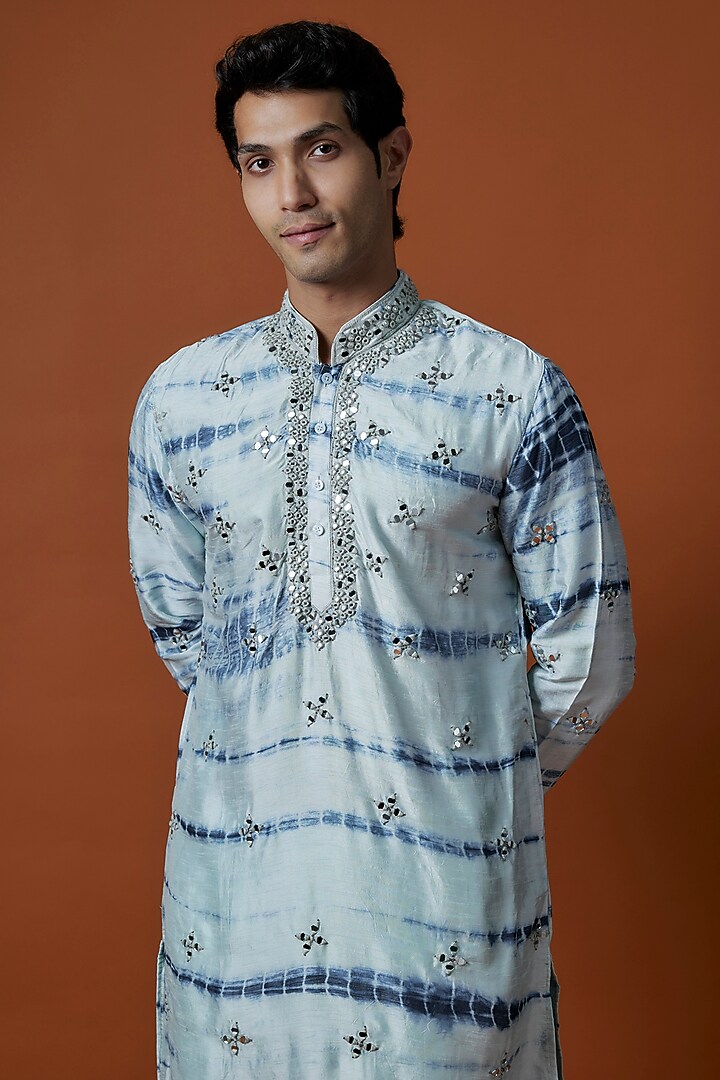 Blue Raw Silk Artwork & Hand Embellished Kurta Set by AANURAG DALMIA at Pernia's Pop Up Shop