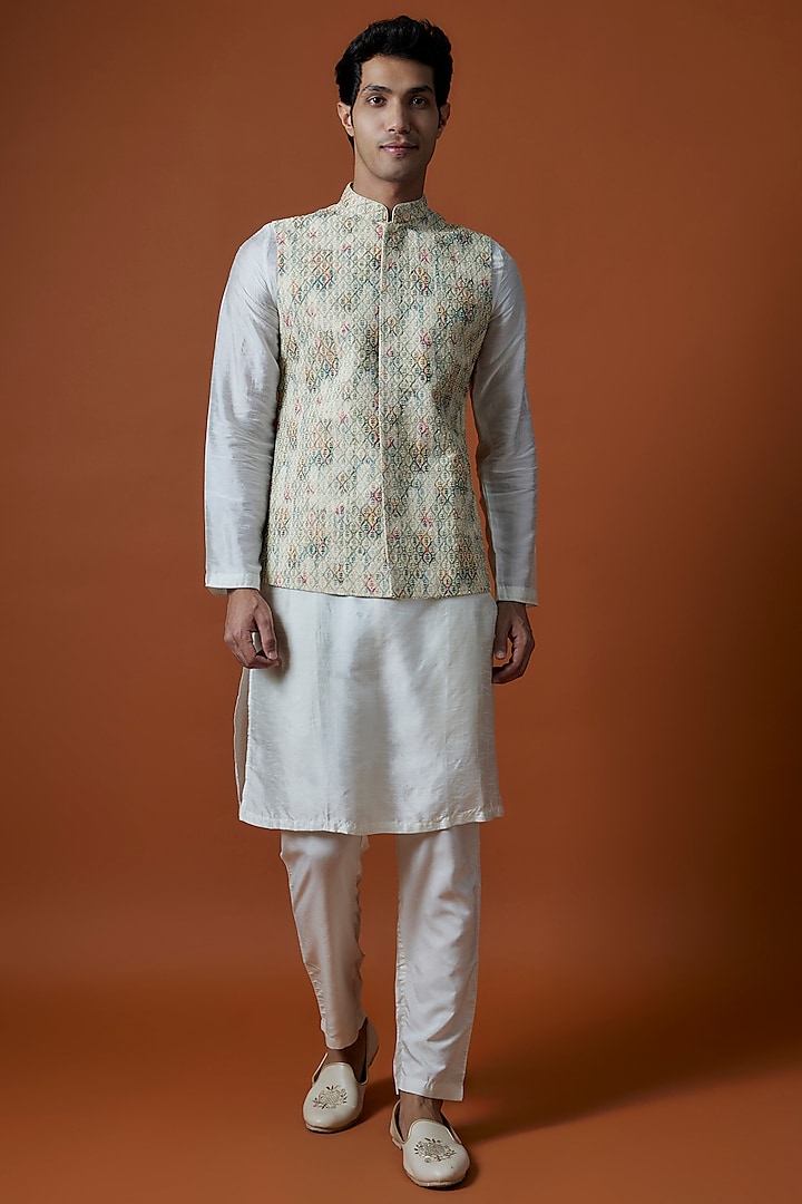 Multi-Colored Bangalori Silk Hand Embellished Bundi Jacket Set by AANURAG DALMIA at Pernia's Pop Up Shop