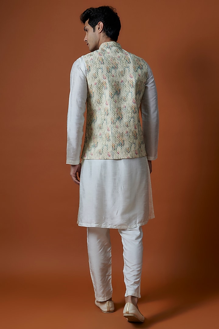 Multi-Colored Bangalori Silk Hand Embellished Bundi Jacket Set by AANURAG DALMIA at Pernia's Pop Up Shop