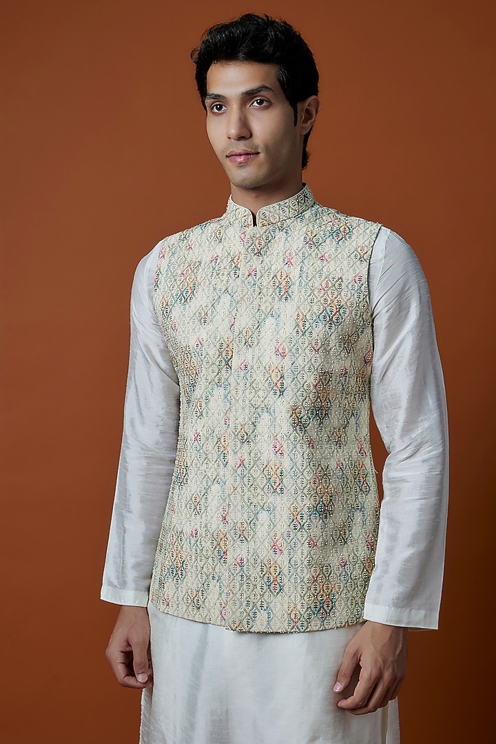 Multi-Colored Bangalori Silk Hand Embellished Bundi Jacket Set by AANURAG DALMIA at Pernia's Pop Up Shop