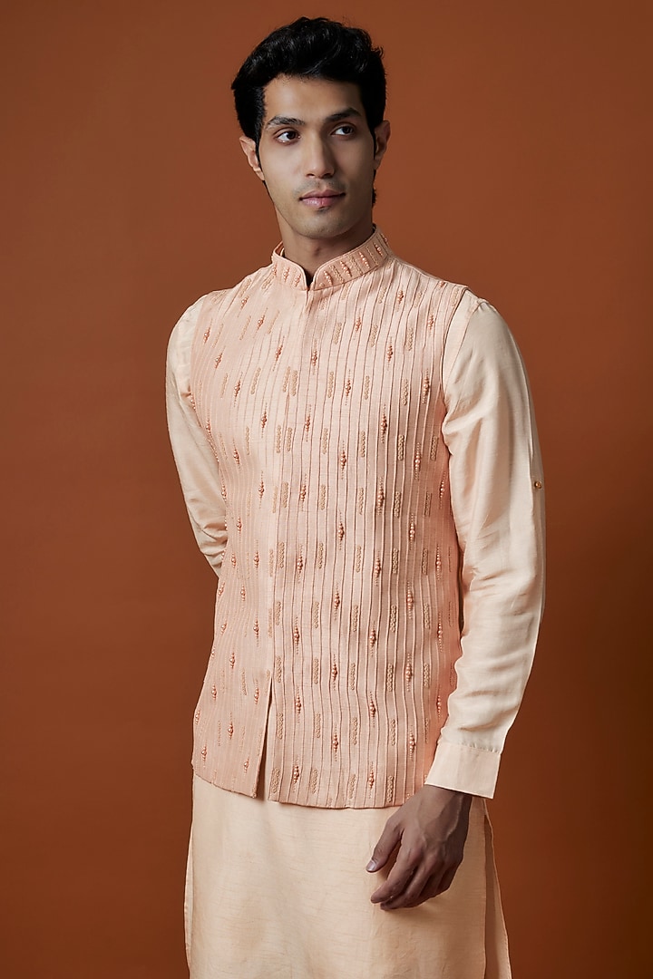 Peach Bangalori Silk Hand Embellished Bundi Jacket Set by AANURAG DALMIA at Pernia's Pop Up Shop