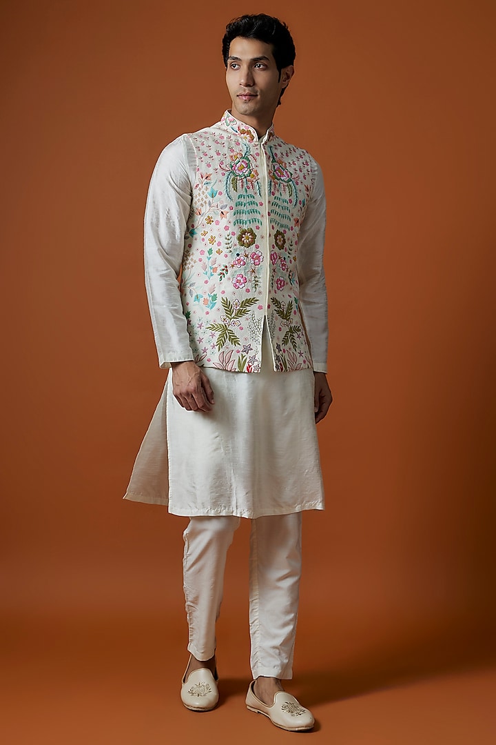 Multi-Colored Bangalori Silk Hand Embellished Bundi Jacket Set by AANURAG DALMIA