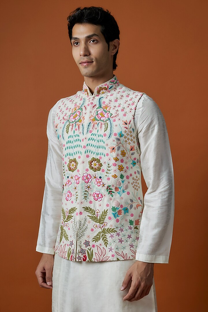 Multi-Colored Bangalori Silk Hand Embellished Bundi Jacket Set by AANURAG DALMIA at Pernia's Pop Up Shop