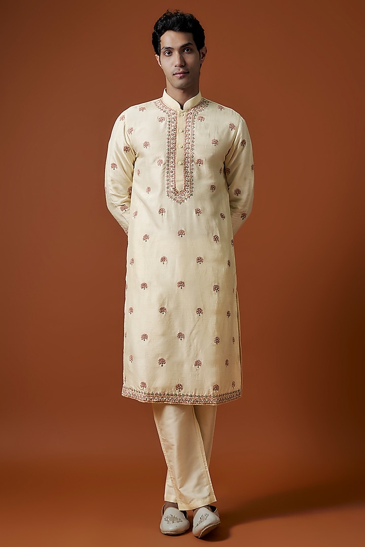 Ivory Mysore Silk Hand Embellished Kurta Set by AANURAG DALMIA