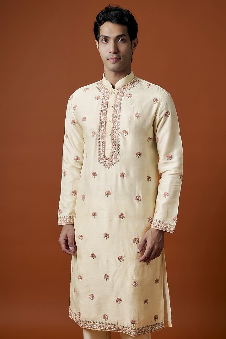 Ivory Mysore Silk Hand Embellished Kurta Set by AANURAG DALMIA at Pernia's Pop Up Shop