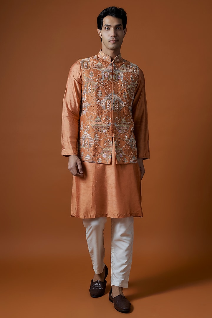 Orange Bangalori Silk Hand Embellished Bundi Jacket Set by AANURAG DALMIA