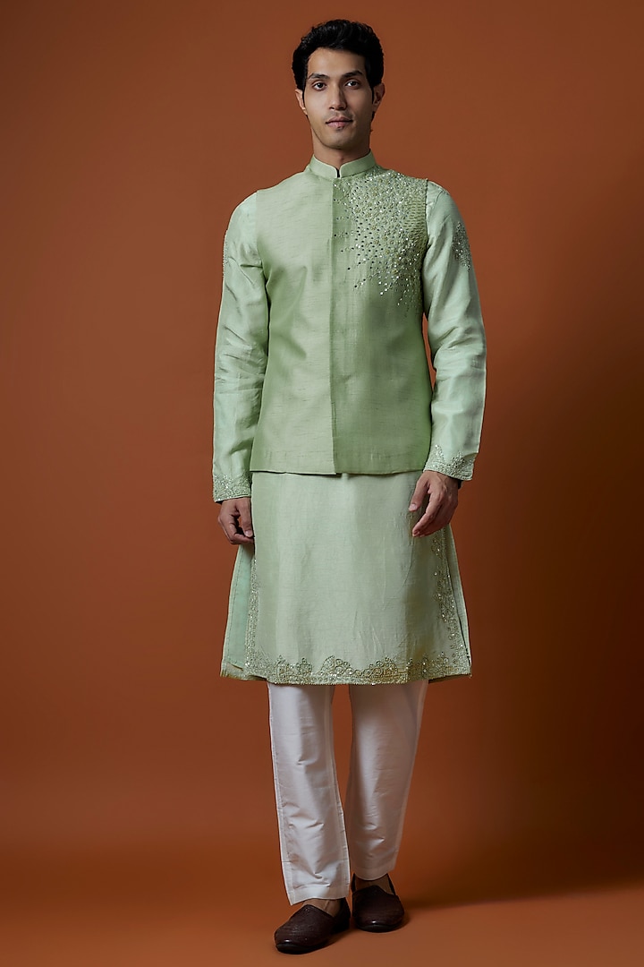 Green Bangalori Silk Hand Embellished Bundi Jacket Set by AANURAG DALMIA