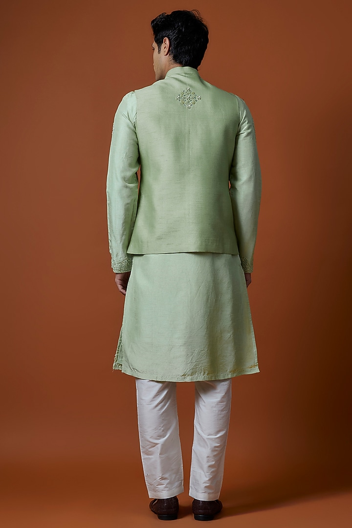 Green Bangalori Silk Hand Embellished Bundi Jacket Set by AANURAG DALMIA at Pernia's Pop Up Shop