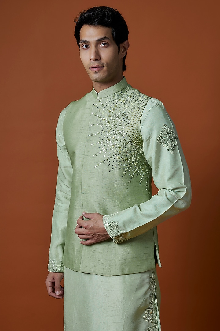 Green Bangalori Silk Hand Embellished Bundi Jacket Set by AANURAG DALMIA at Pernia's Pop Up Shop
