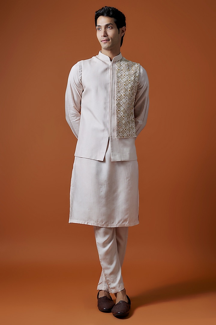 Beige Bangalori Silk Hand Embellished Bundi Jacket Set by AANURAG DALMIA