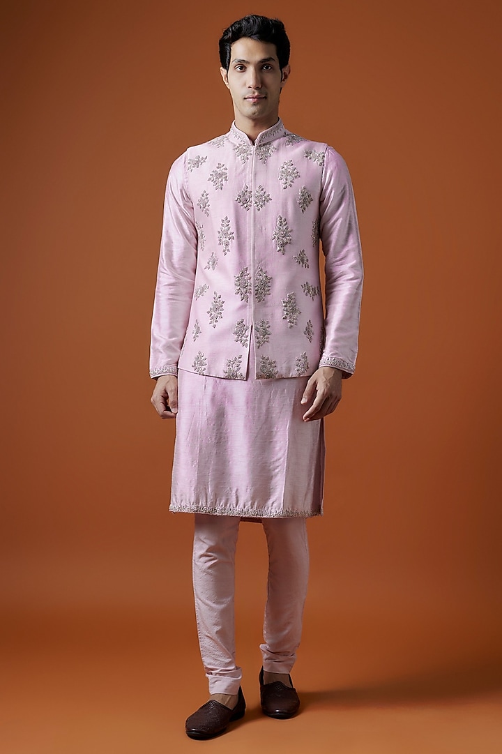 Pink Bangalori Silk Hand Embellished Bundi Jacket Set by AANURAG DALMIA at Pernia's Pop Up Shop