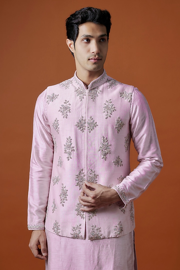 Pink Bangalori Silk Hand Embellished Bundi Jacket Set by AANURAG DALMIA at Pernia's Pop Up Shop
