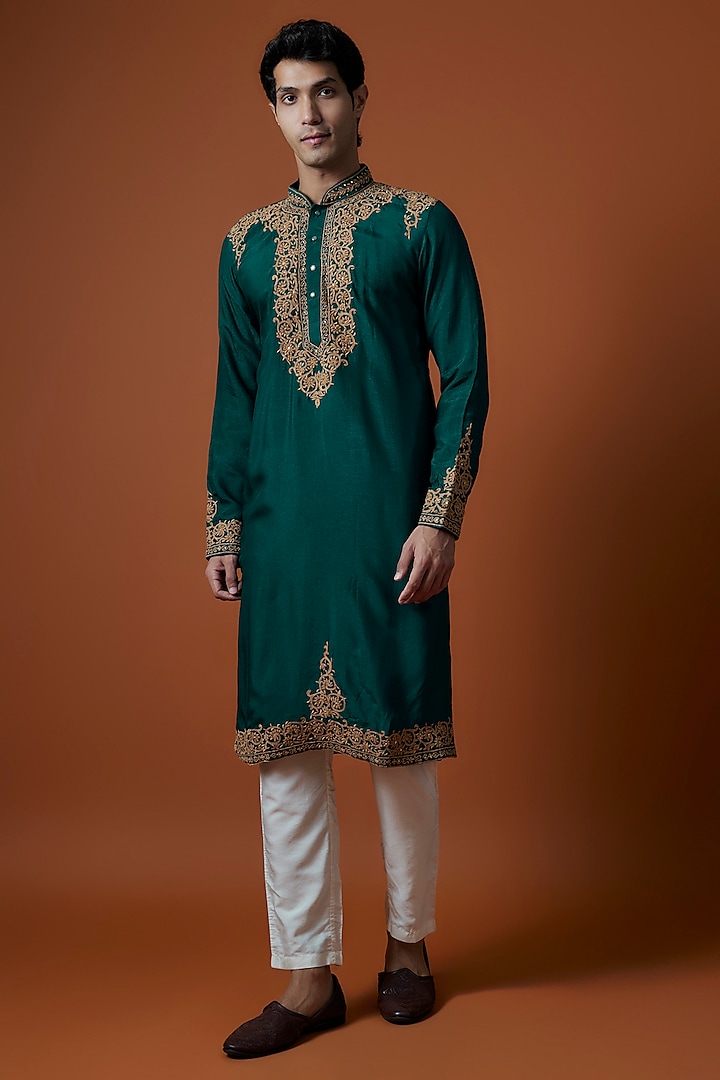 Green Mysore Silk Hand Embellished Kurta Set by AANURAG DALMIA