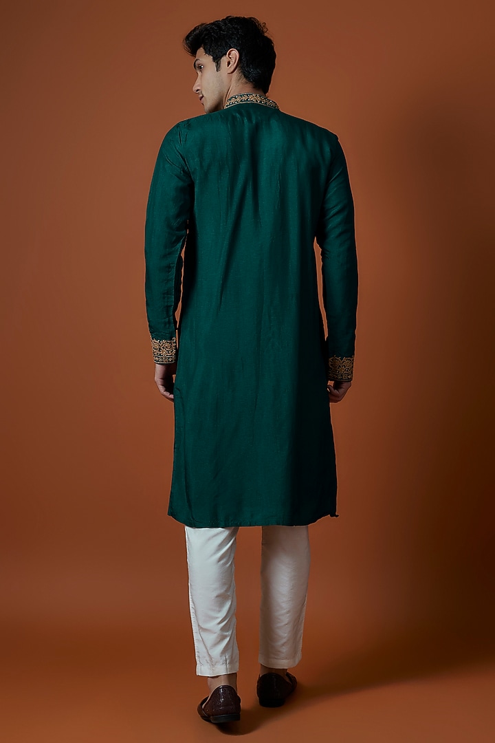 Green Mysore Silk Hand Embellished Kurta Set by AANURAG DALMIA at Pernia's Pop Up Shop