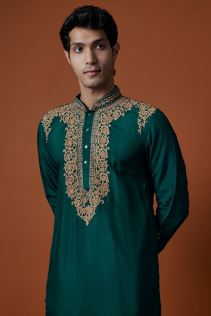 Green Mysore Silk Hand Embellished Kurta Set by AANURAG DALMIA at Pernia's Pop Up Shop