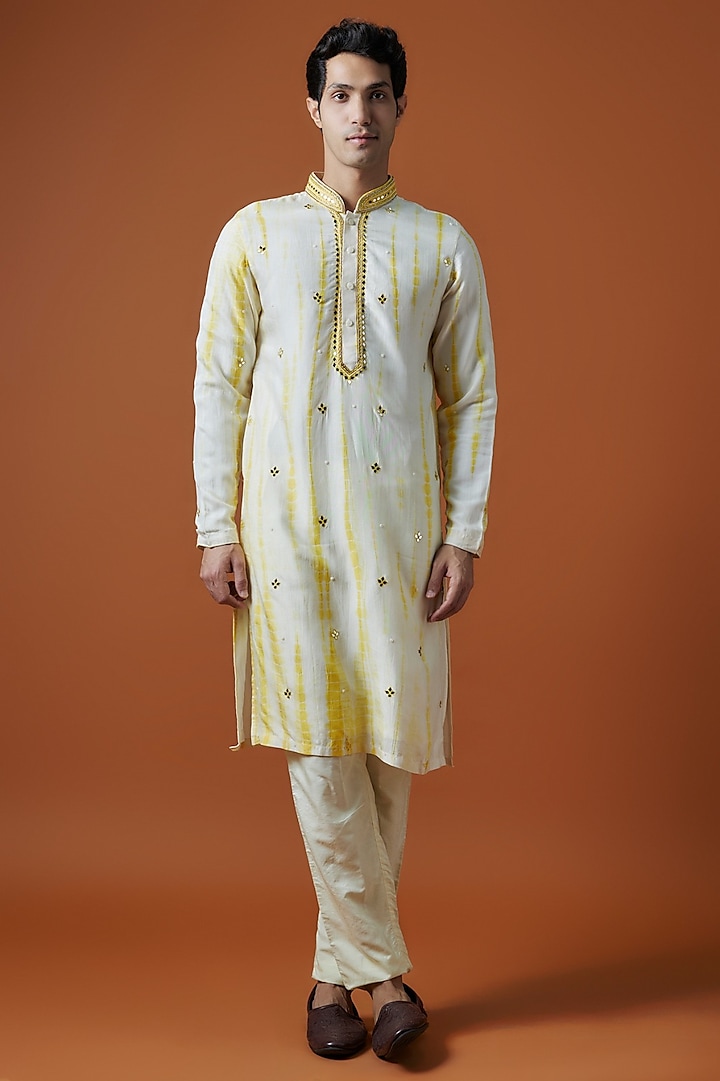 Yellow Raw Silk Hand Embellished Kurta Set by AANURAG DALMIA