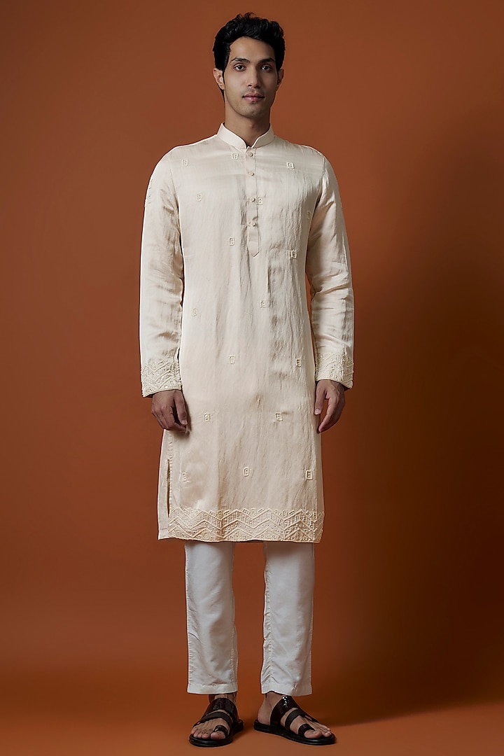 Beige Bangalori Silk Hand Embellished Kurta Set by AANURAG DALMIA