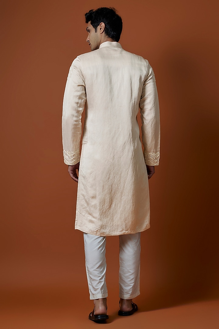 Beige Bangalori Silk Hand Embellished Kurta Set by AANURAG DALMIA at Pernia's Pop Up Shop