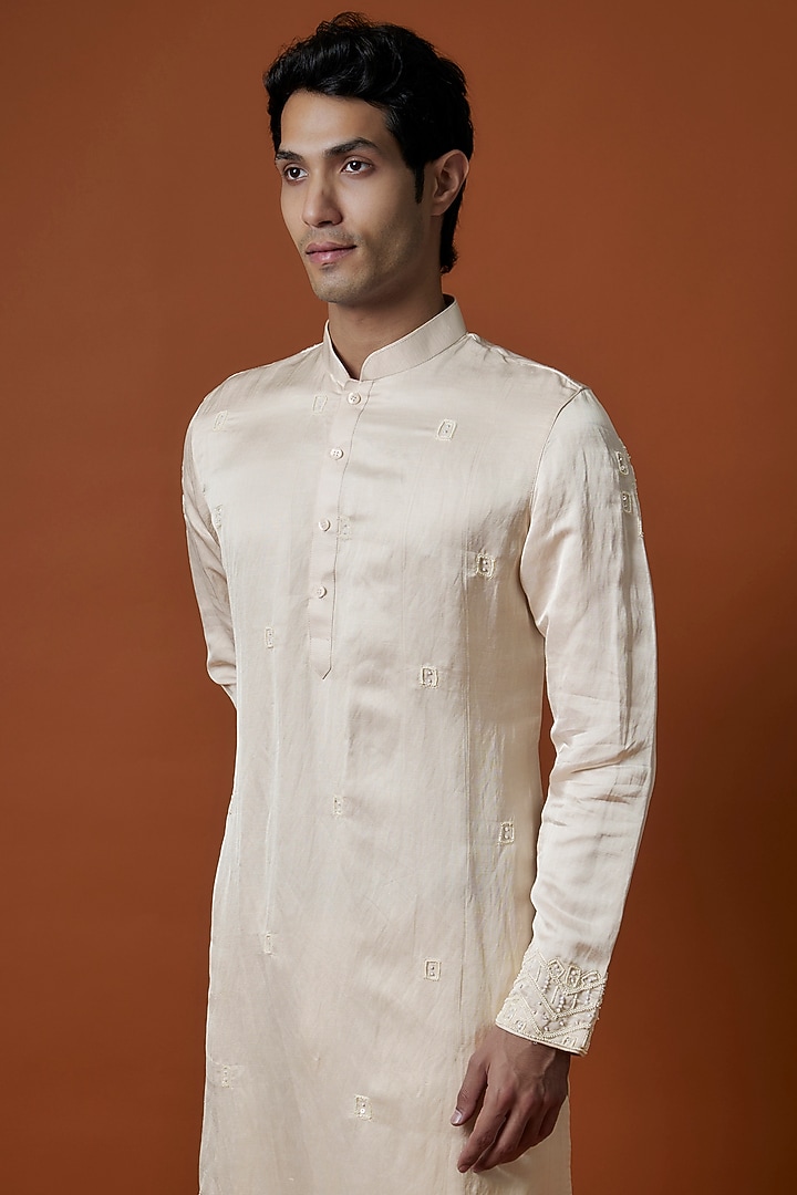 Beige Bangalori Silk Hand Embellished Kurta Set by AANURAG DALMIA at Pernia's Pop Up Shop