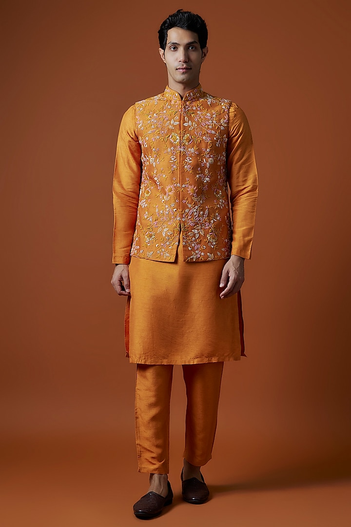 Orange Bangalori Silk Hand Embellished Bundi Jacket Set by AANURAG DALMIA