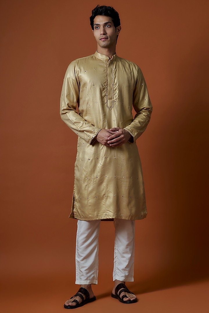 Golden Silk Mirror Embroidered Kurta Set by AANURAG DALMIA at Pernia's Pop Up Shop