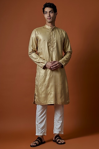 Golden Silk Mirror Embroidered Kurta Set by AANURAG DALMIA
