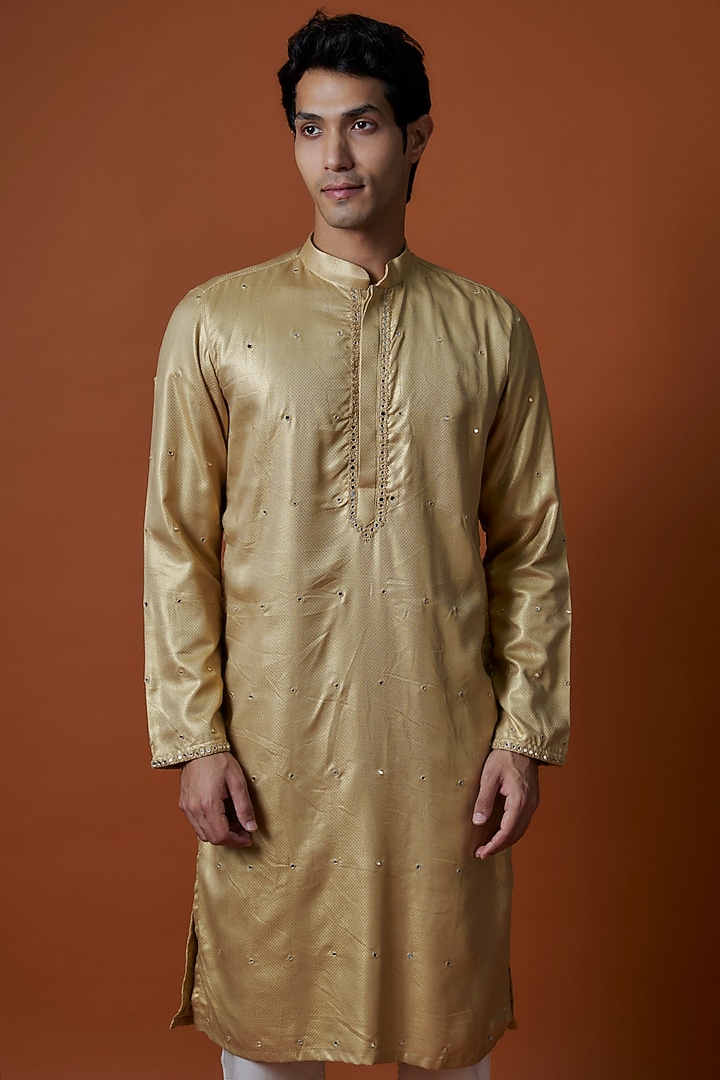 Golden Silk Mirror Embroidered Kurta Set by AANURAG DALMIA at Pernia's Pop Up Shop